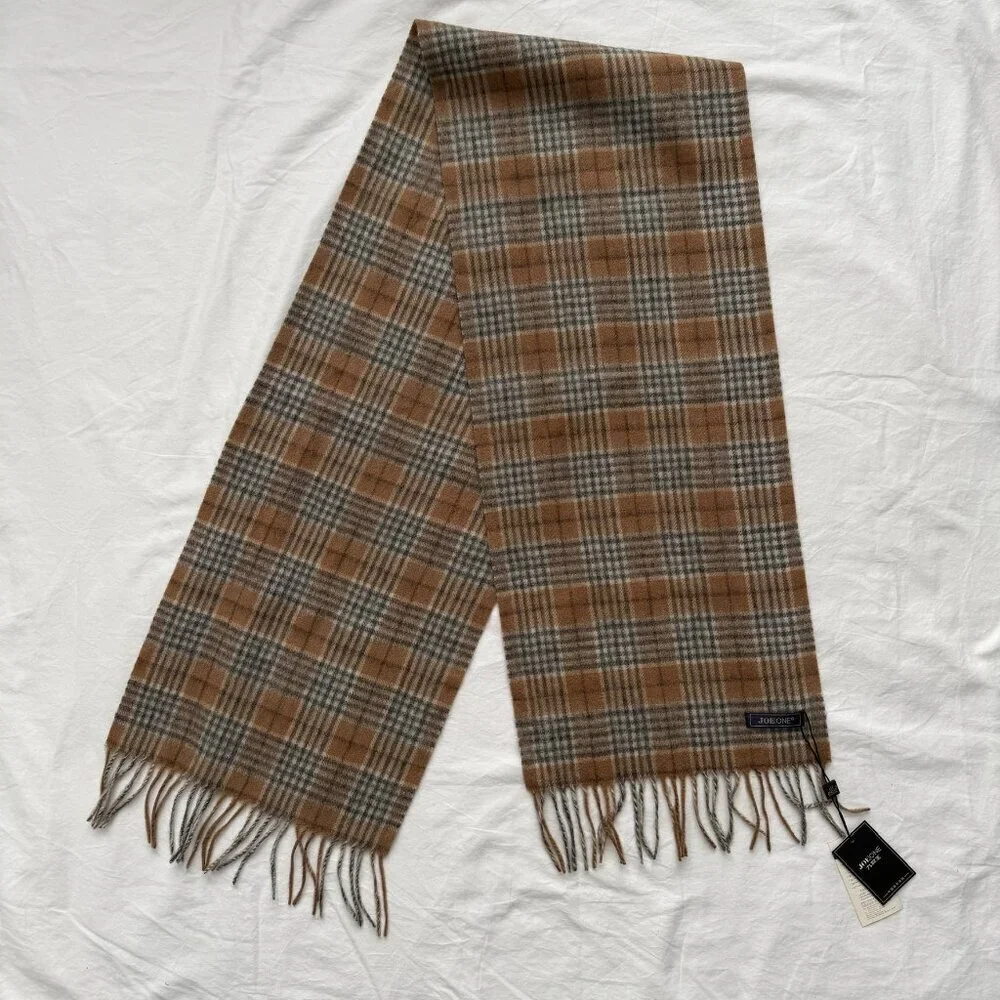 JOE ONE Cashmere Tan Gray Plaid Scarf NWT